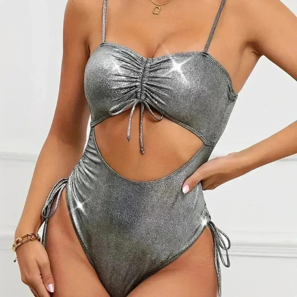 Drawstring One Piece Swimsuit (Color: Metallic)